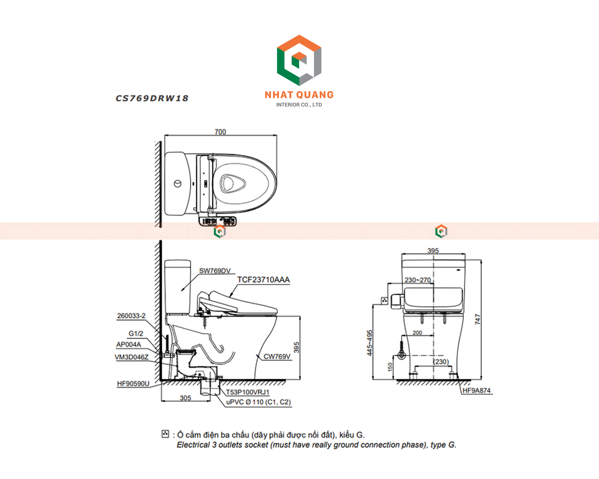 Bồn cầu TOTO 2 khối CS769DRW18 Nắp rửa TCF23710AAA