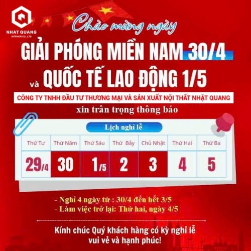 Nhật Quang Decor thông báo nghỉ lễ 30 tháng 4 và 1 tháng 5 năm 2026